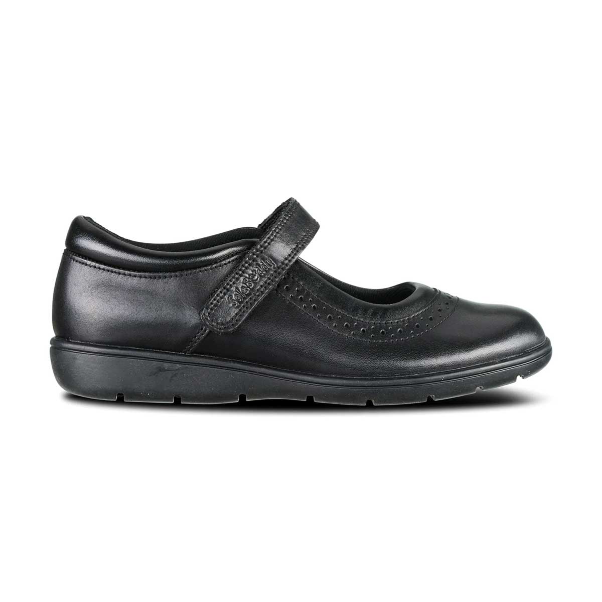 inner side view Star Black Leather Fitted Soft Touch Tape School Shoe