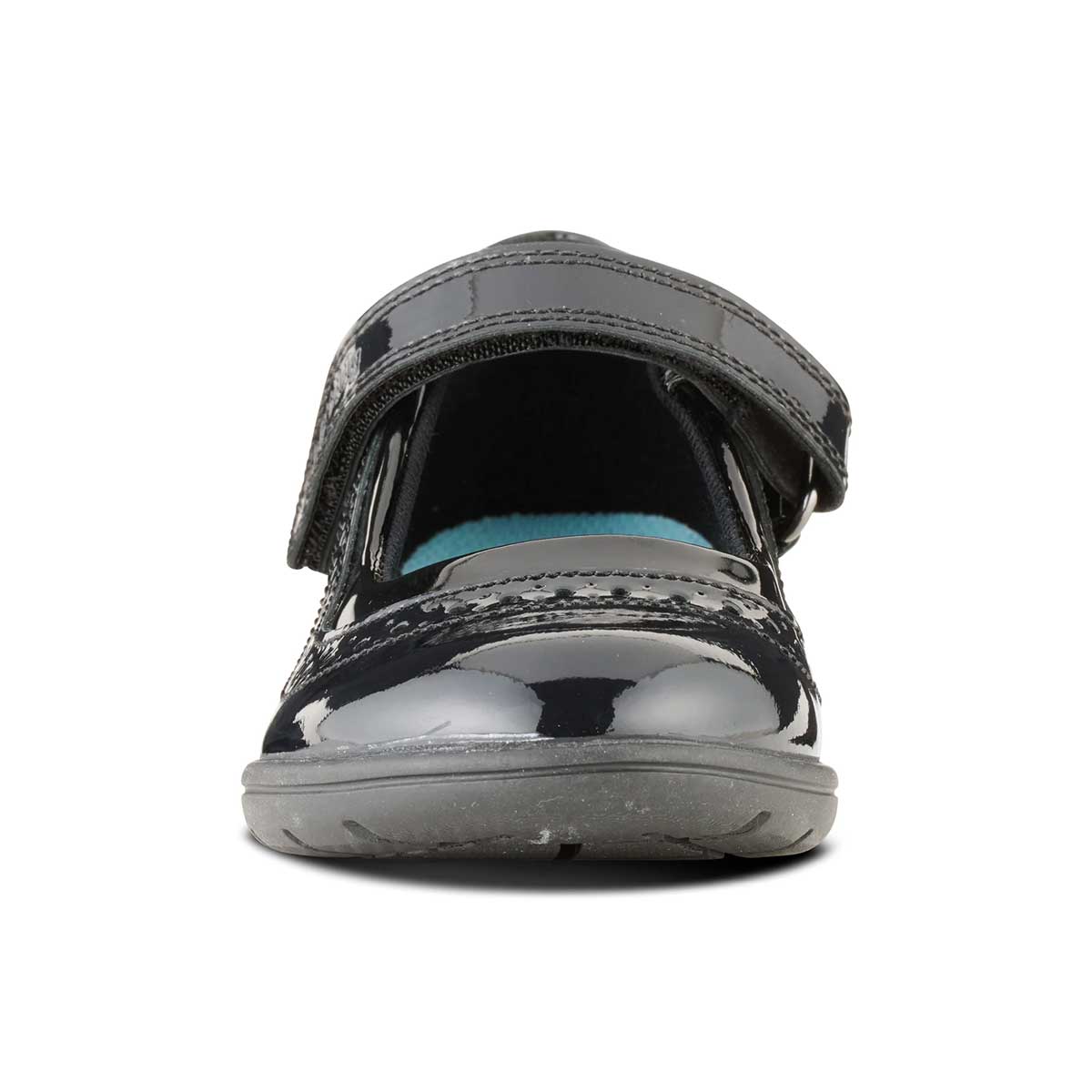 front on view of Vega Black Patent Leather School Shoe
