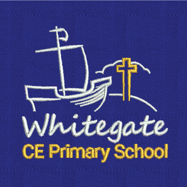 The logo for Whitegate Primary School uniforms, featuring a sailboat arriving at an island adorned by a gold cross