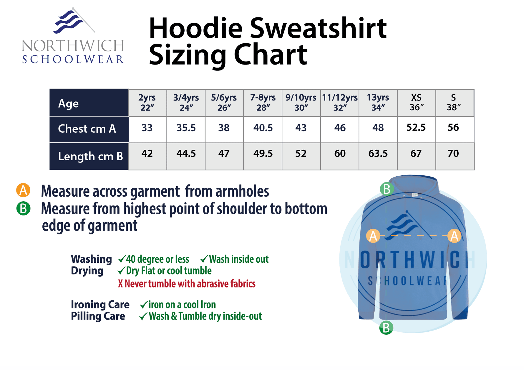 Sizing chart for the Leftwich Primary School PE Hoodie