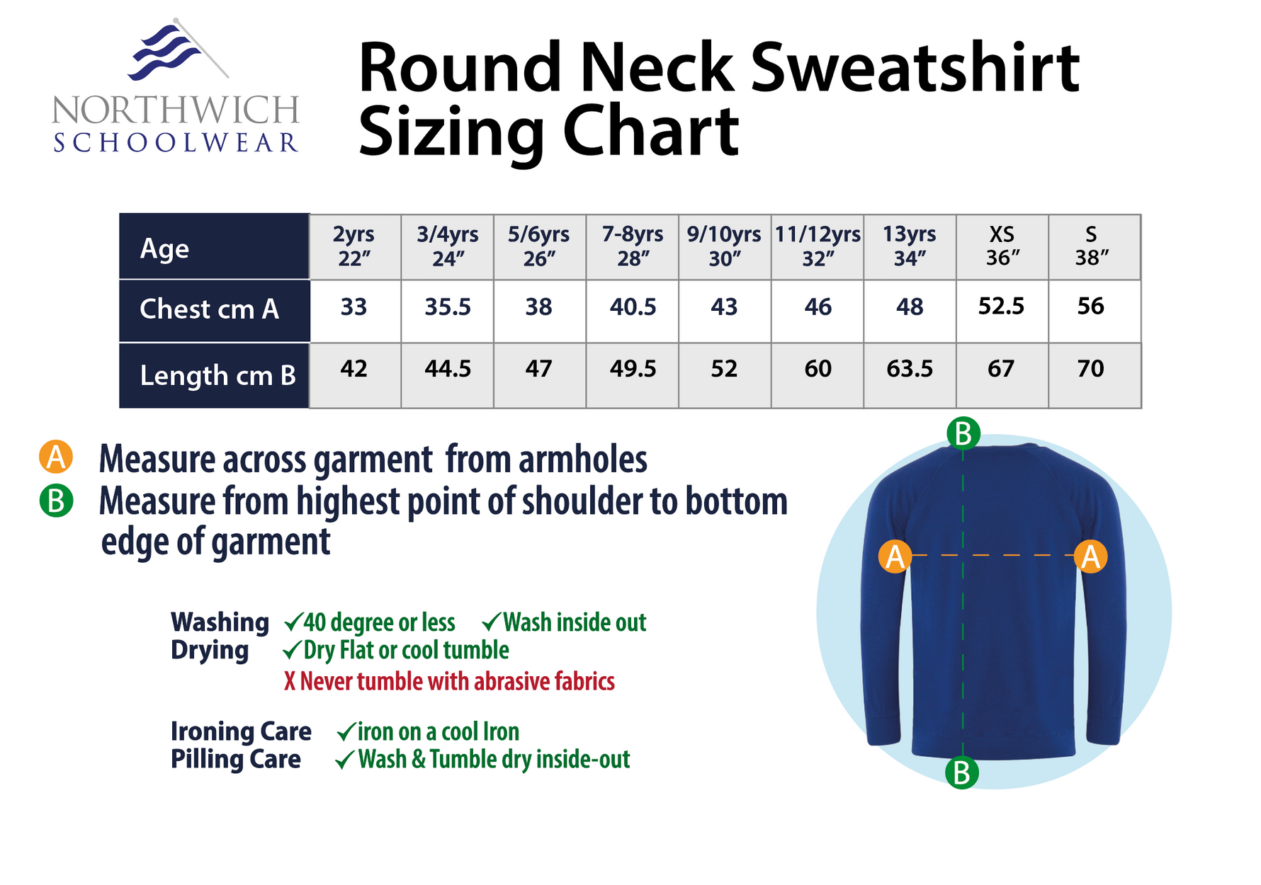 Sizing chart for the Leftwich Primary School Sweatshirt