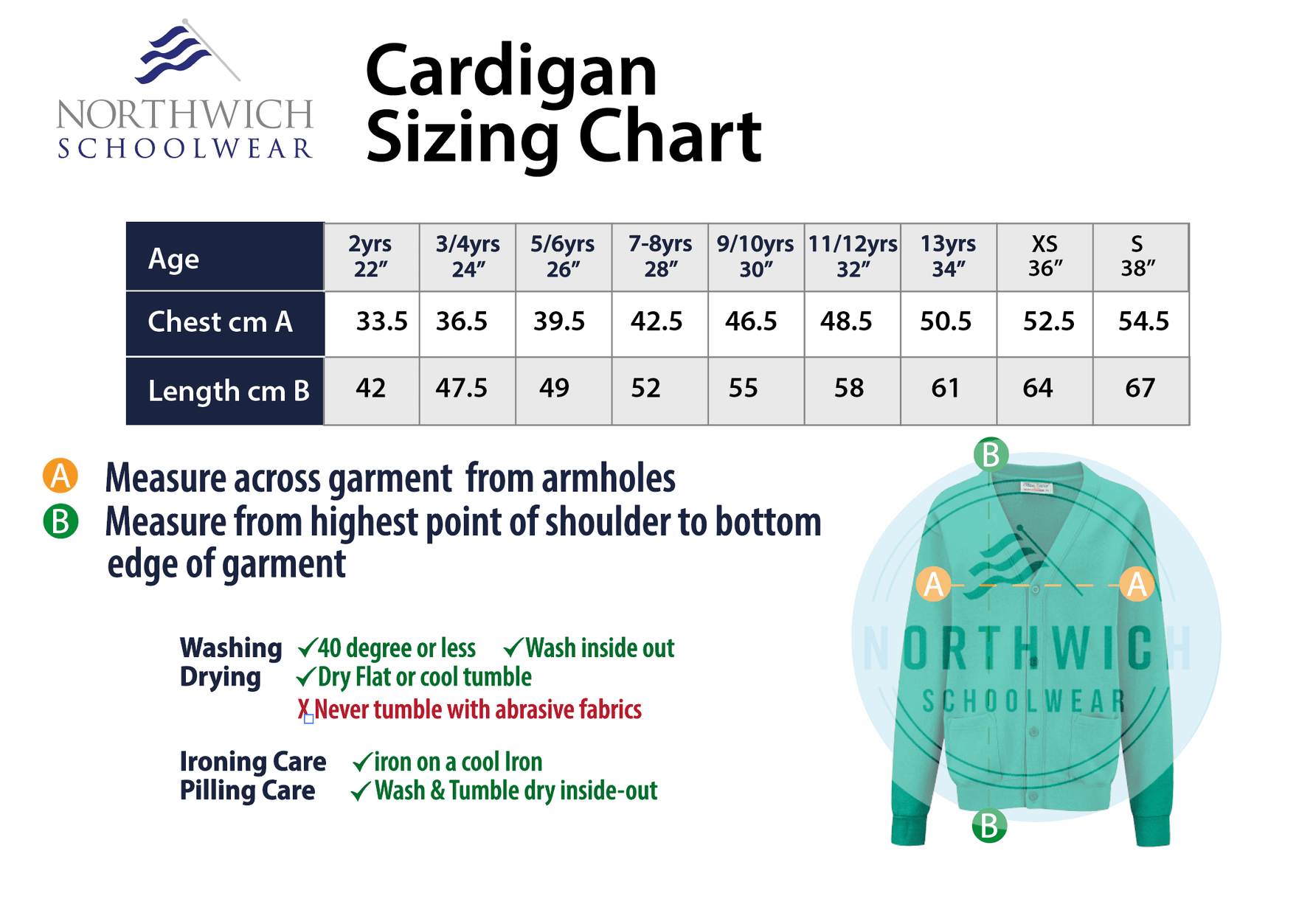Sizing chart for the Moulton Primary School Cardigan