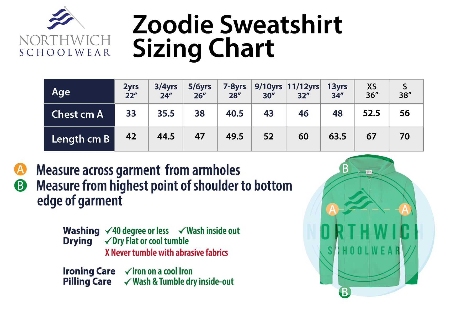 Size chart for the Over Hall Community School Zoodie