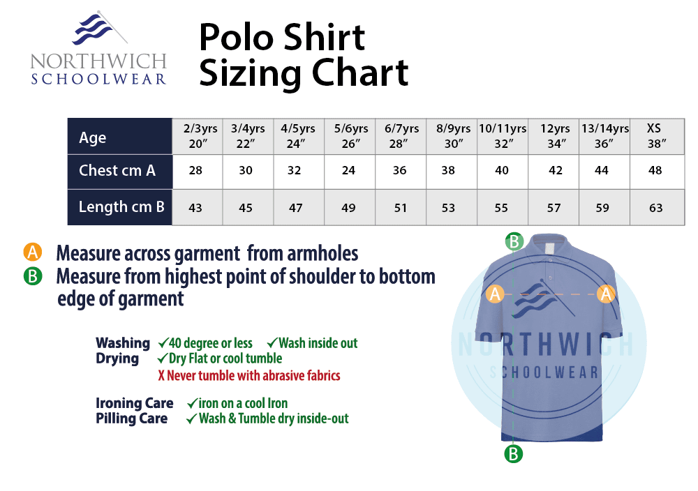 Sizing chart for the Moulton Primary School polo shirt