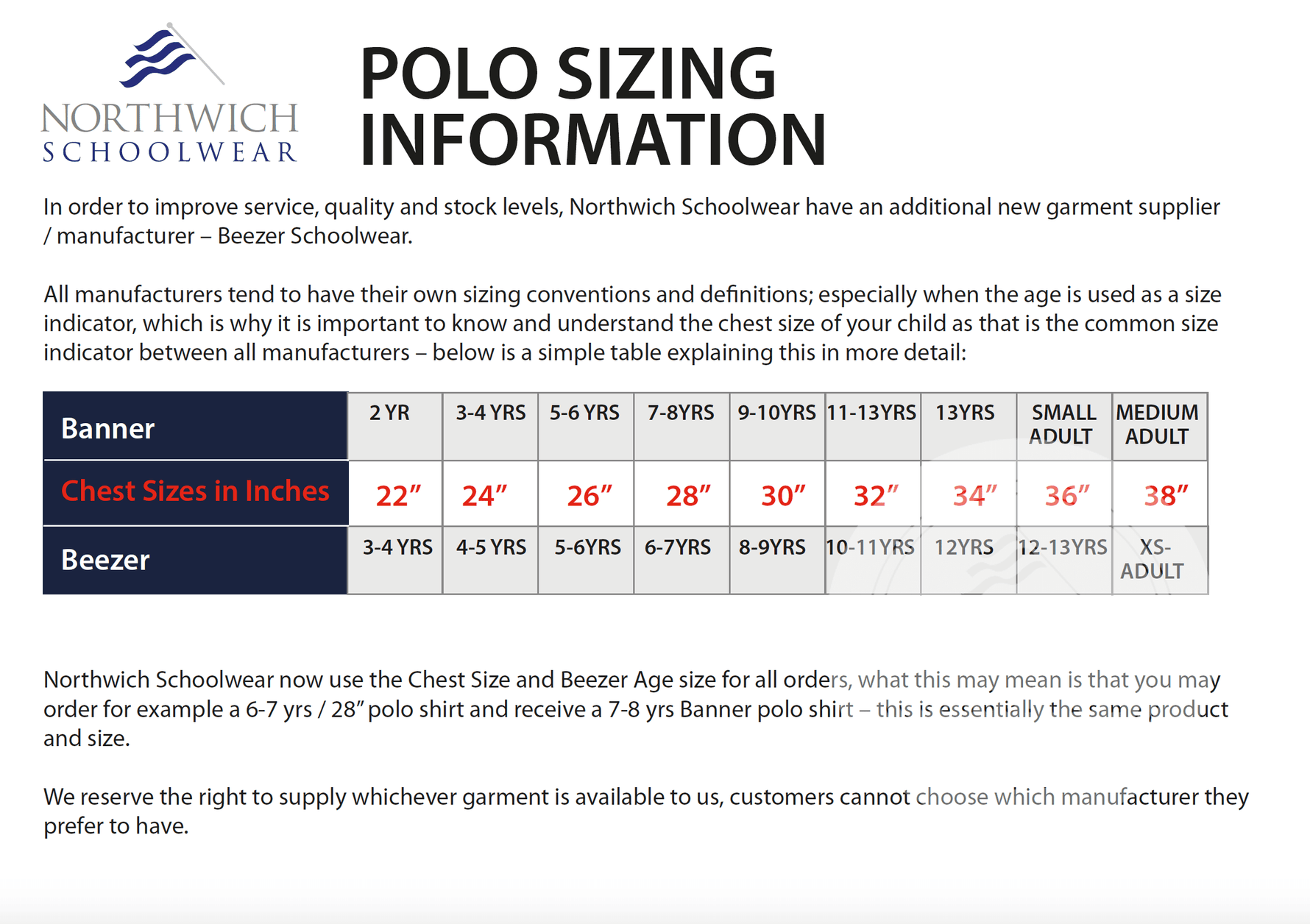 Sizing information for the St Wilfrid's Primary School Polo Shirt