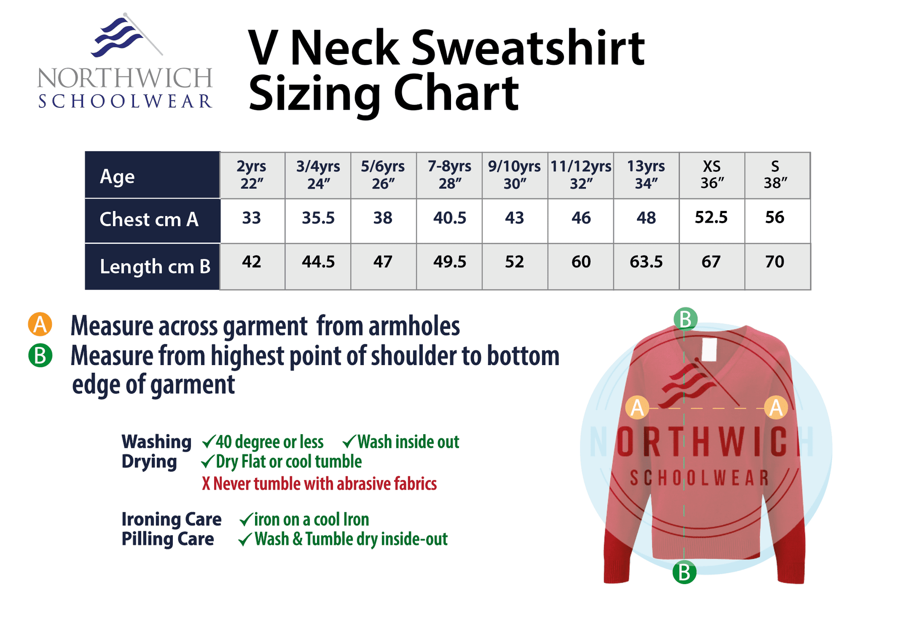 Sizing chart for the St Wilfrid's Primary School V-neck sweatshirt