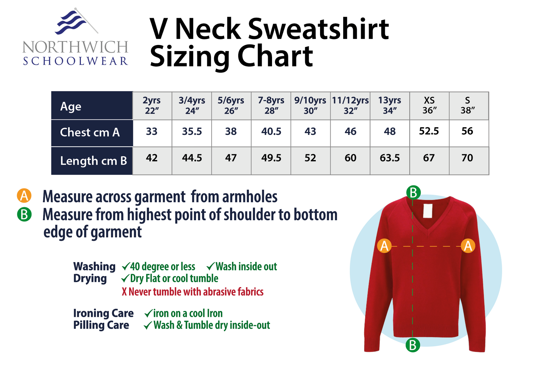 Sizing chart for Whitegate Primary School V neck sweatshirt
