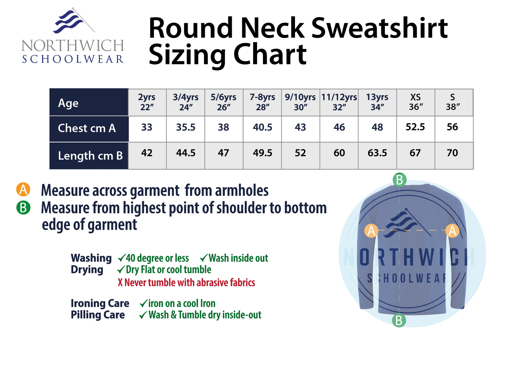 Sizing chart for the Winnington Park Primary School sweatshirt