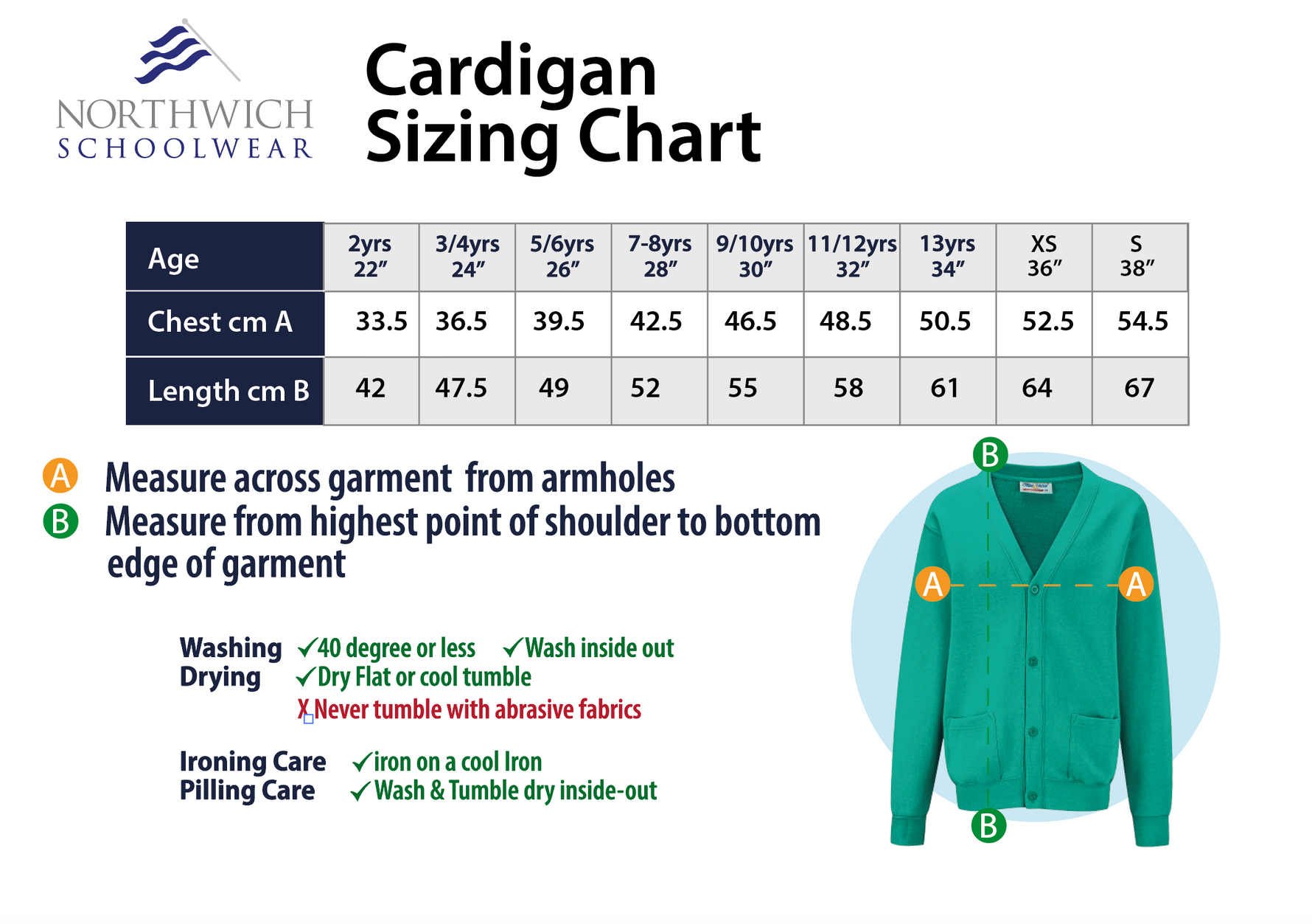 Sizing chart for the Witton Church Walk Primary School Cardigan